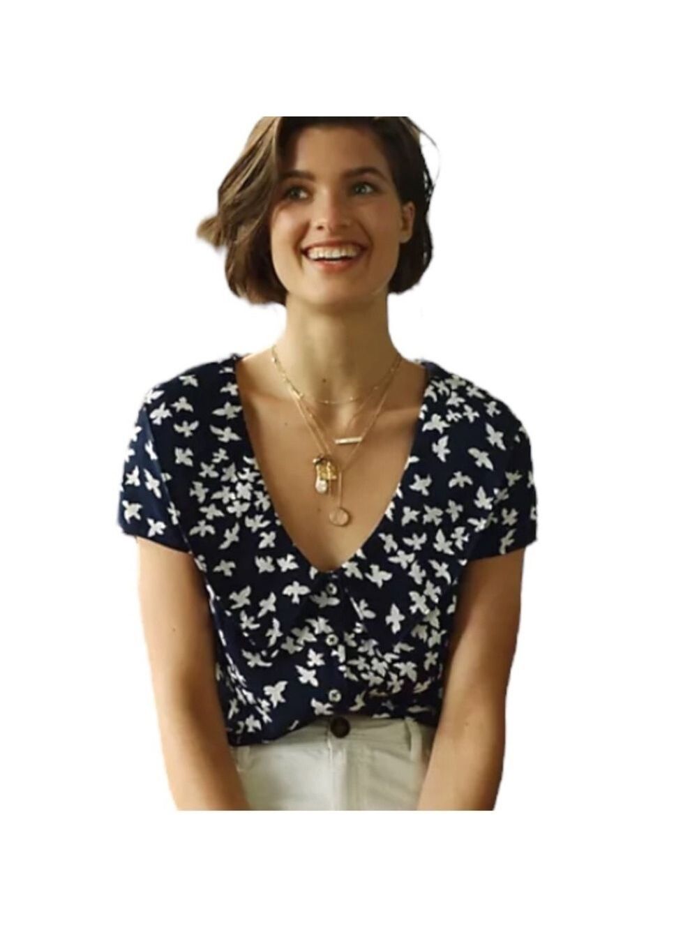 Anthropologie Maeve Austin Navy and White Bird Print Top - Size 0